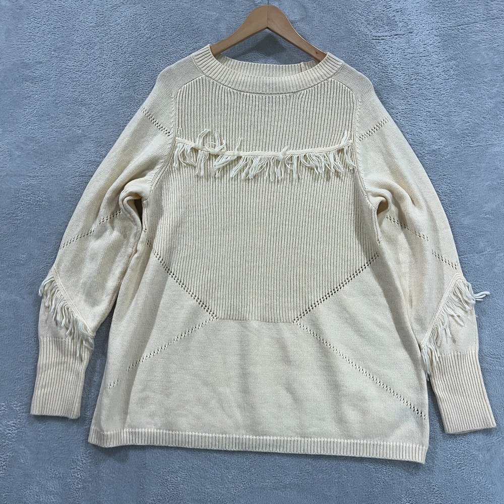 Lane Bryant Sweater Women 18/20 Long Sleeve Fringe Round Tassels Ivory Western